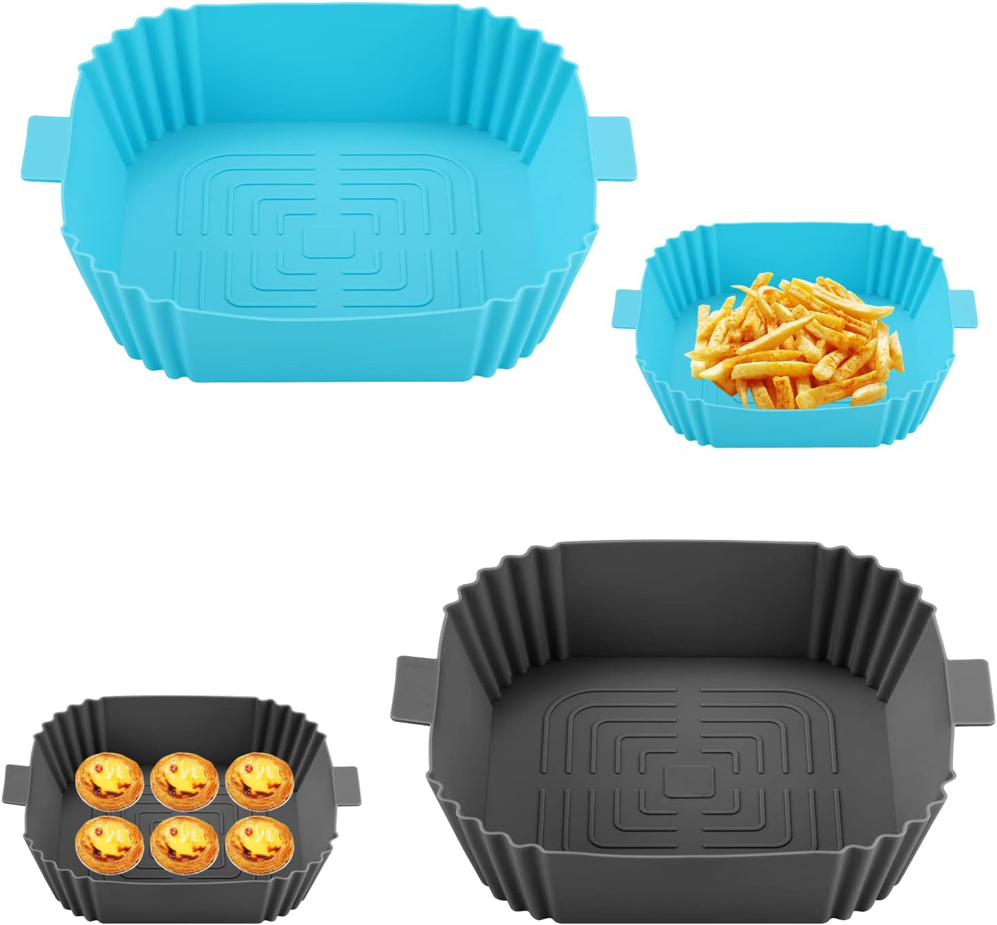 2 Piece Square Air Fryer Liners, 7.8'' Air Fryer Silicone Basket, Reusable, Baking Mold, Replacement Baking Pan, for Air Fryer, Oven, Microwave (Blue, Grey)