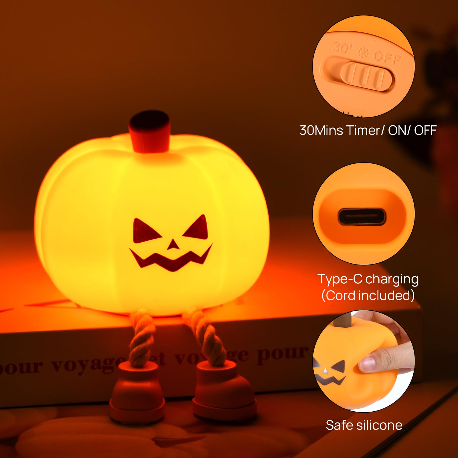Ultroian Cute Silicone Pumpkin Night Light Rechargeable Dimmable Nursery Nightlight Bedside Touch Lamp for Breastfeeding Pumpkin Decor for — view 2