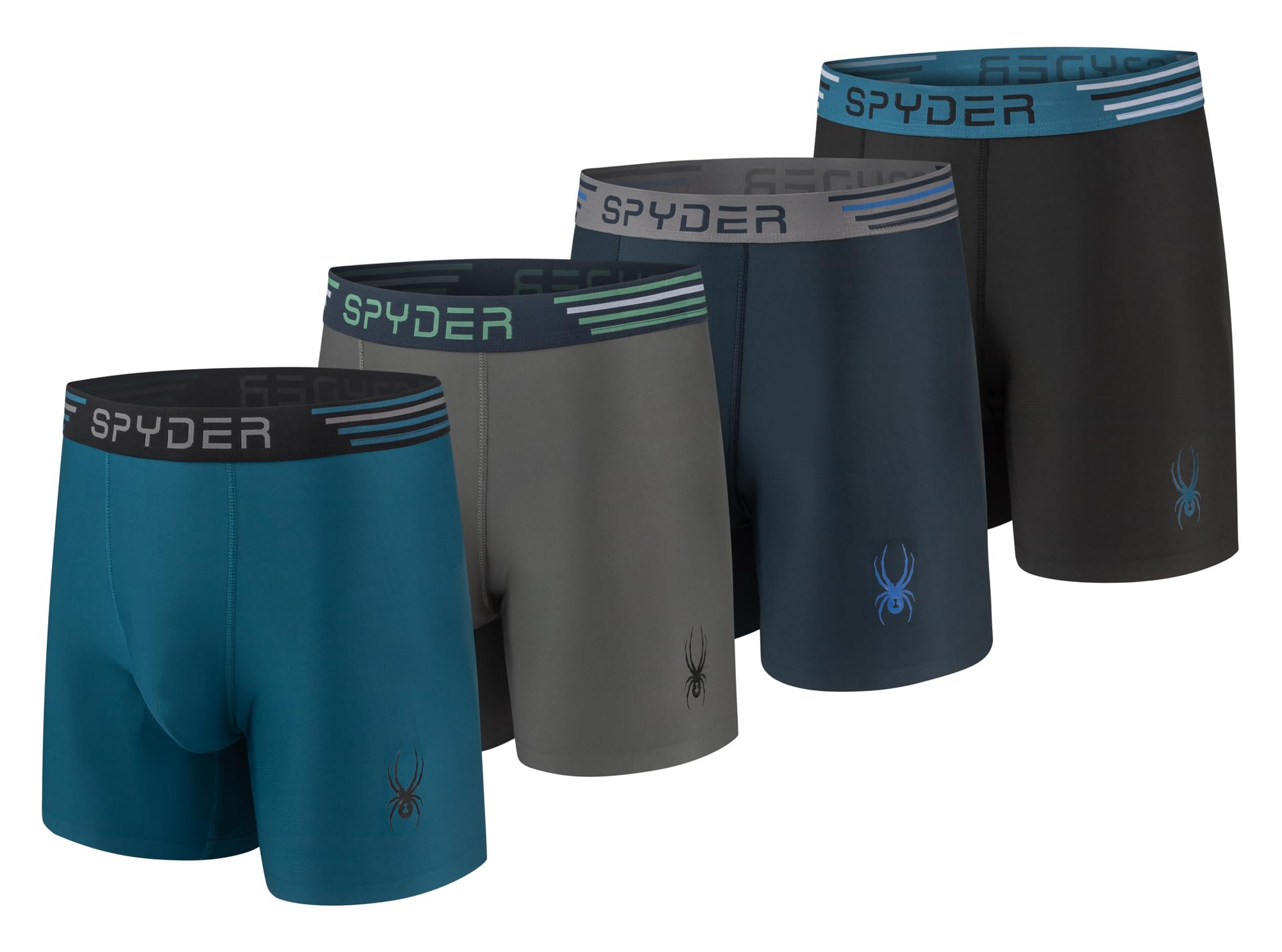 Spyder Mens Boxer Briefs 4 Pack Poly Spandex Performance Underwear/Bonded Hem Boxer Briefs, Teal/Heather/Navy/Black, L