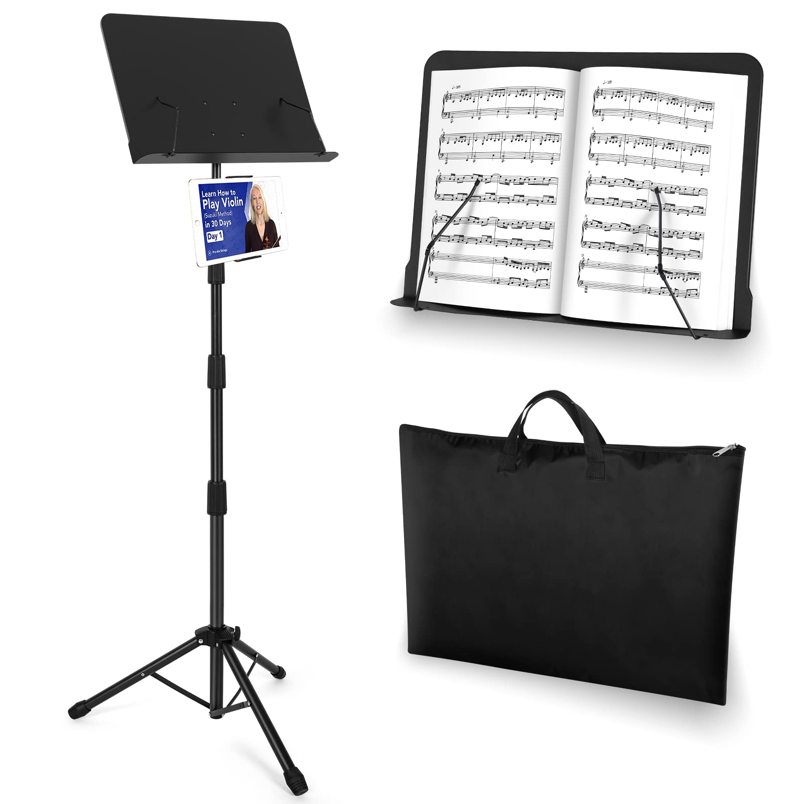 65 inch Music Stand with Phone Holder, Height Adjustable Portable Sheet Music Stand, Extra Stable Metal Music Stand with Carrying Bag