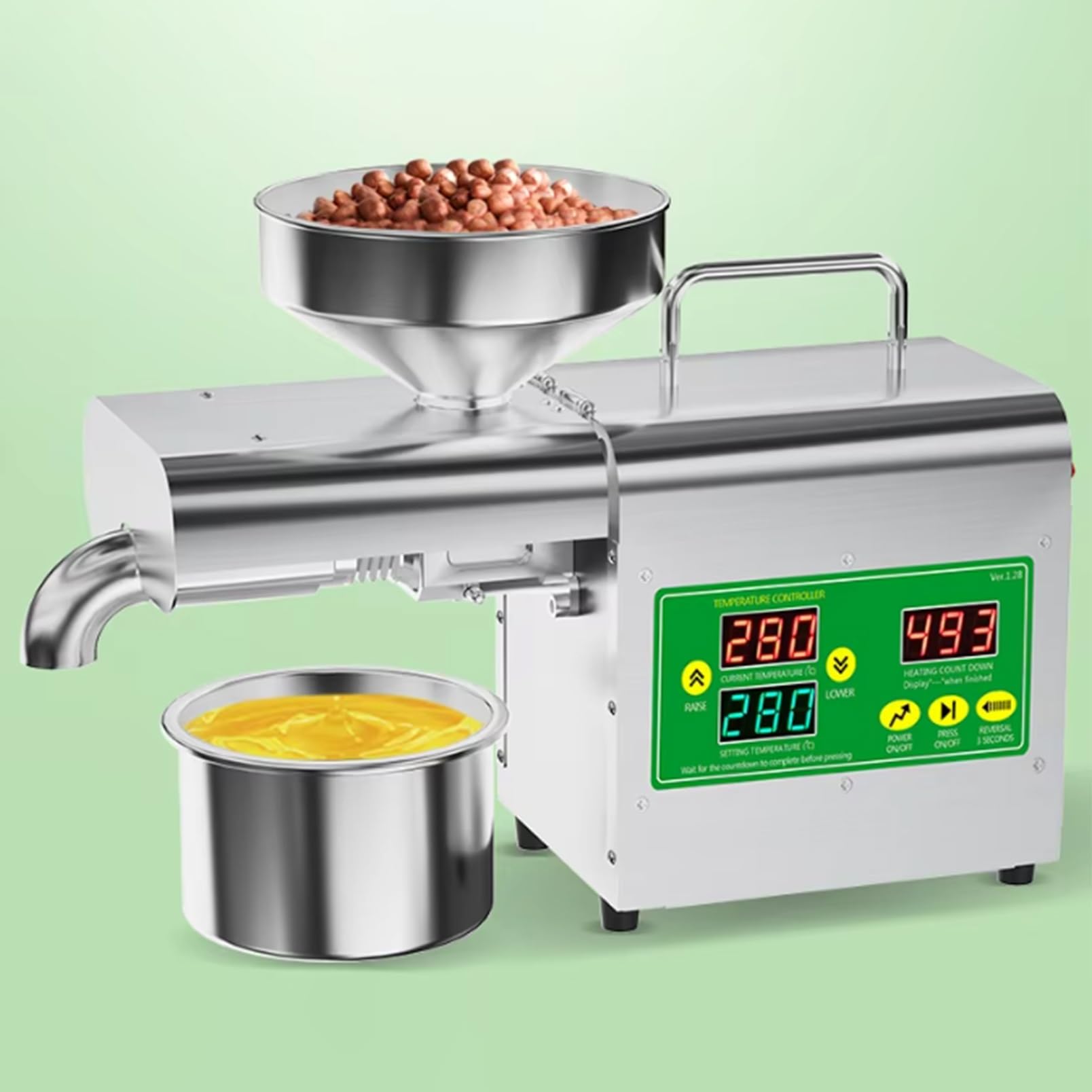 Prensa de aceite eléctrica para uso doméstico, 1500 W de alta potencia, modos de prensado en frío y caliente, funcionamiento automático, construcción de acero inoxidable, apto para uso alimentario.