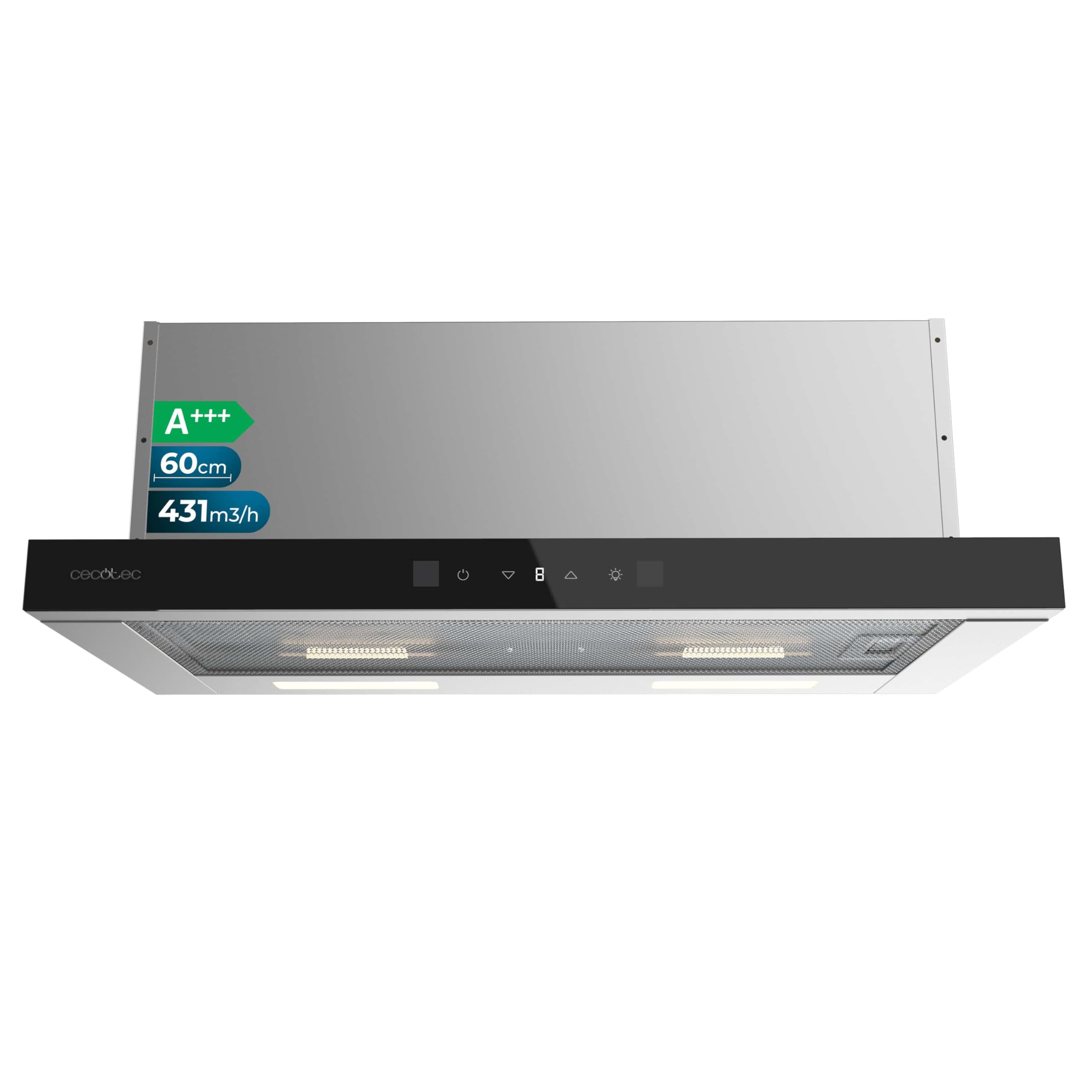 Cecotec Telescopic Cooker Hood Bolero Flux TLT 604400 Glass Black A+++. Suction 431.2m³/h, Low Consumption, DC Motor, Motion and Touch Control, Front Glass Black, Body Stainless Steel