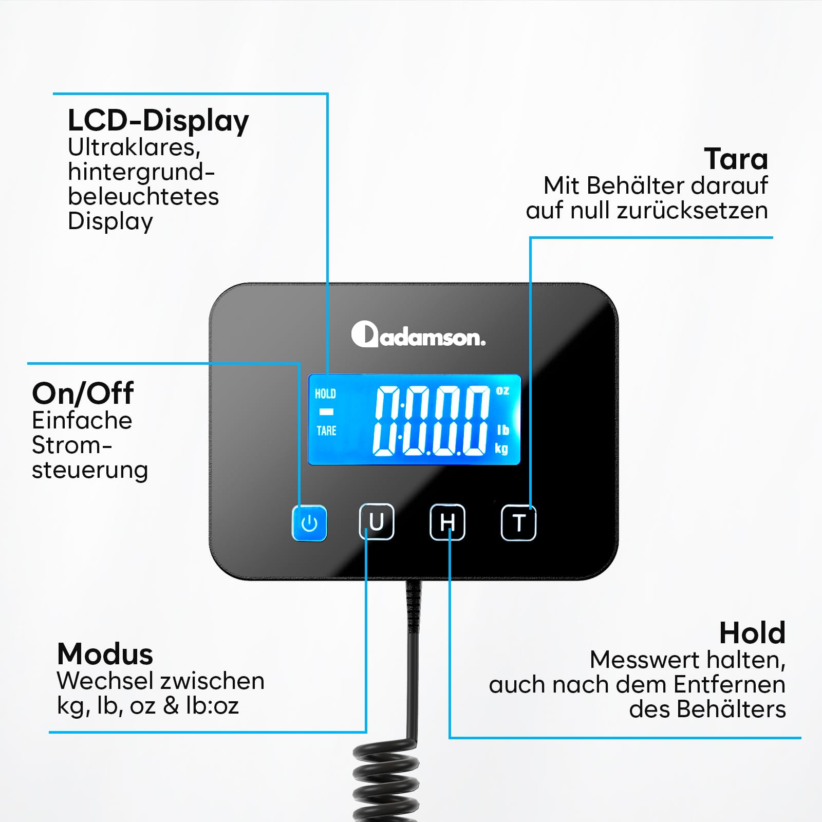 Paketwaage - 300 kg - Hochpräzise Plattformwaage mit Halte-/Tara-Funktion/LCD - Postwaage perfekt für Pakete, Gepäck, Heimgebrauch - Batterie & Kabel enthalten - Gepäckwaage - Silber