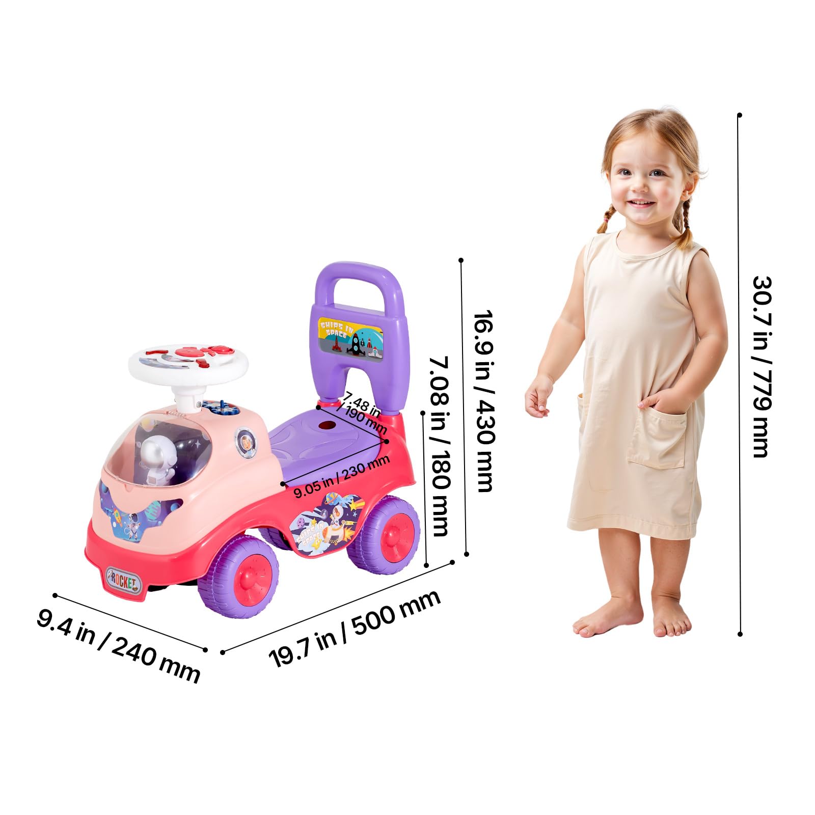 Ride-On Push Car, Ride-On Toy with Horn and Music, 48.5 lbs Weight Capacity, Under-Seat Storage, Foot-to-Floor Walker, Pink — view 8