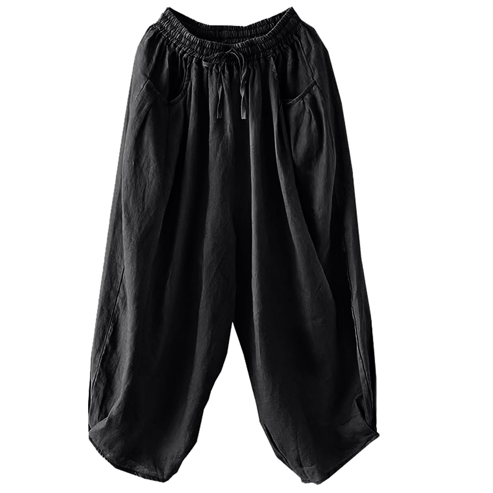 Womens Cotton Linen Pants Casual Summer Palazzo Pants Baggy Wide Leg Drawstring Elastic Waist Trousers with Pockets
