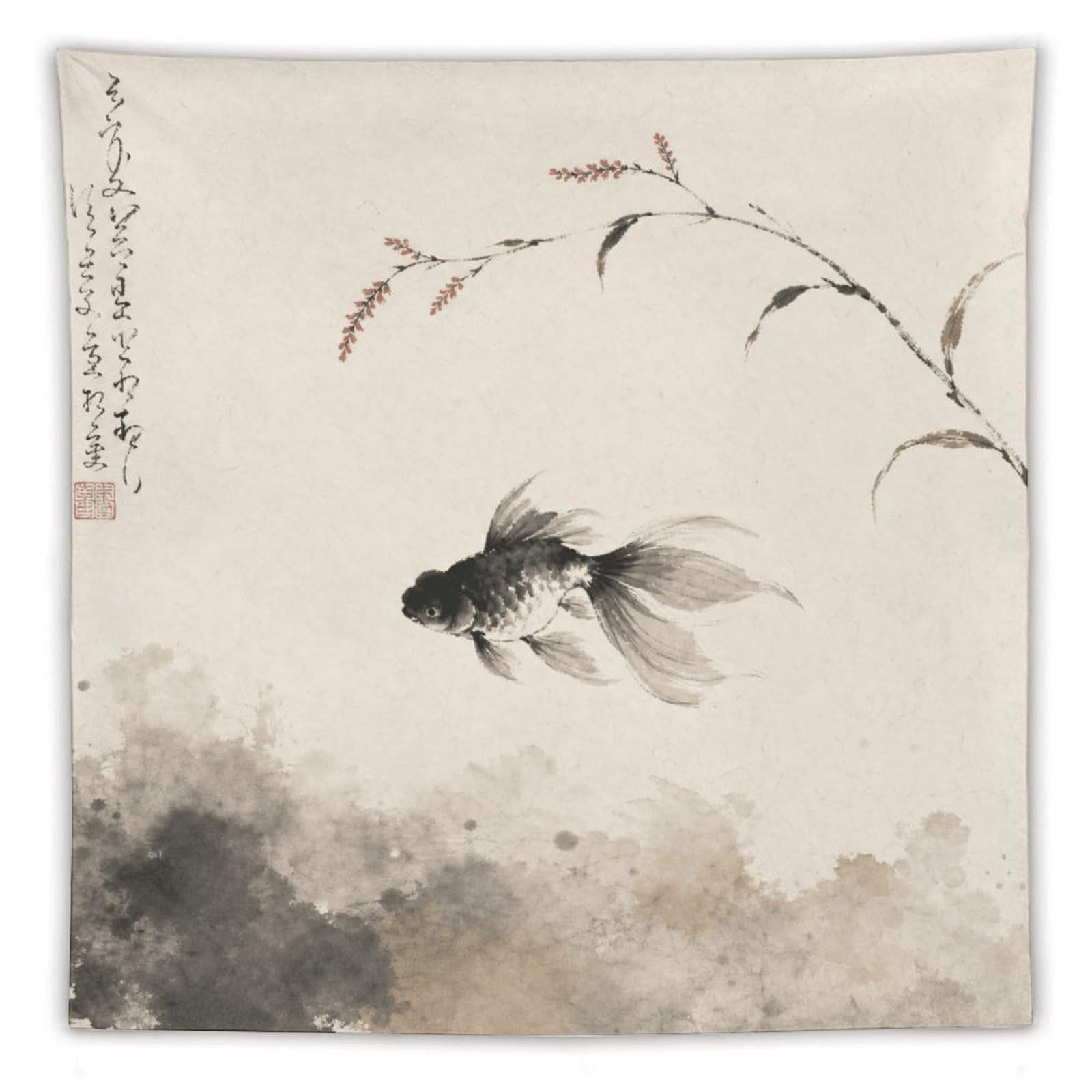 W7C8U2X3 Black Goldfish Wall Tapestry, Asian Ink Style, Entryway