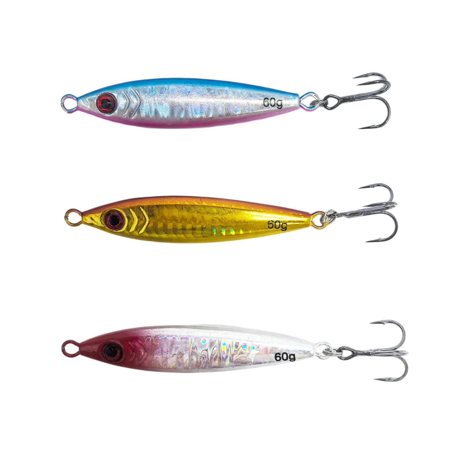 Sea Fishing Lure 60 Gram Bass Trout Pollock Cod Mackerel Beach Deep Coast Slim Heavy Jig Holographic Spinner Long Super Cast Trebble Hook Bright Flash Sprat Blue Pink Gold Red Silver Realistic 3 Pack