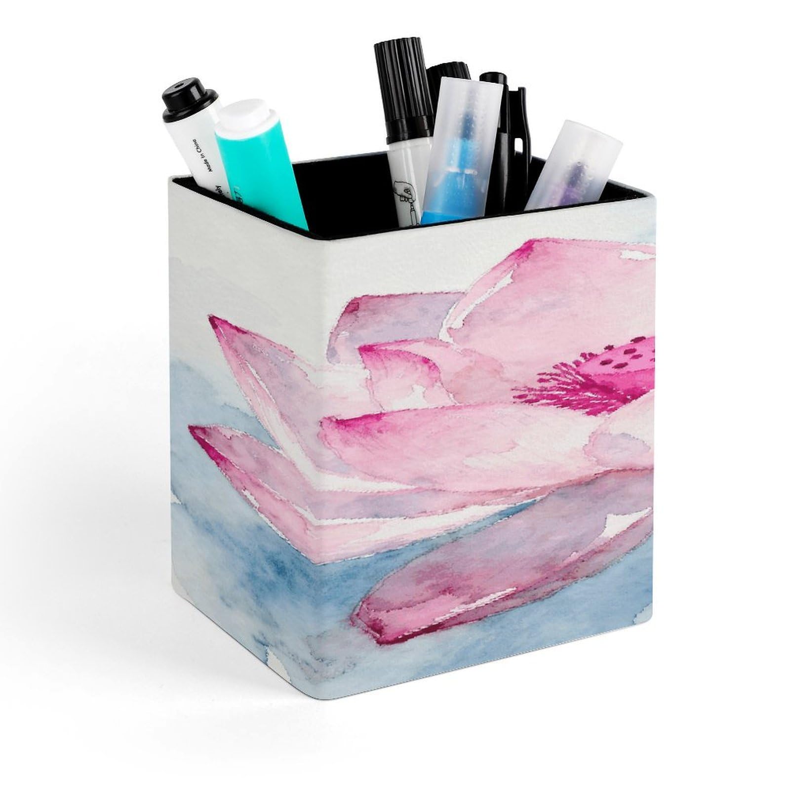 LZQPOEAS Lotus Pink Flower Square Pen Pencil Holder PU Leather Pencil Cup Desktop Stationery Organizer Office Accessories Container