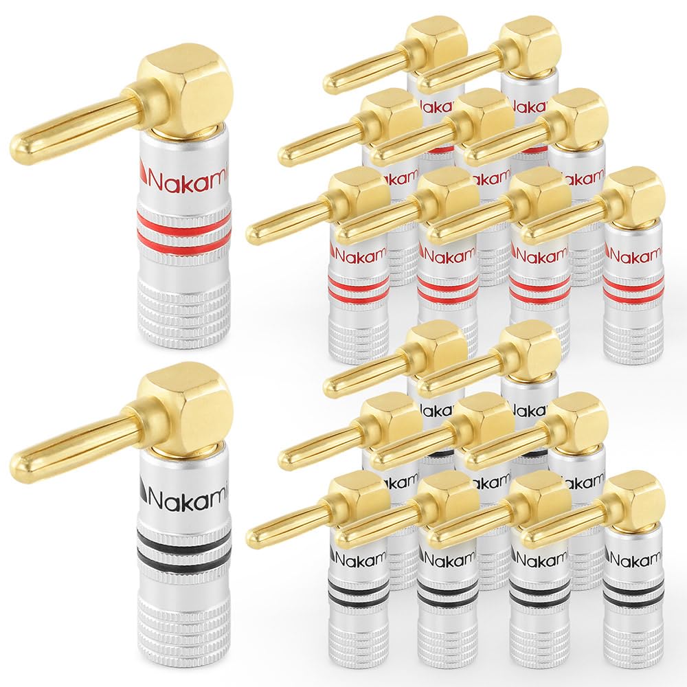 Nakamichi Excel Series 24k Gold Plated Right Angle Banana Plug 12-18 AWG Gauge Size 4mm for Speakers Amplifier Hi-Fi AV Stereo Home Theatre Audio Wire Cable Screw Connector, 20 Pcs (10-Pairs)