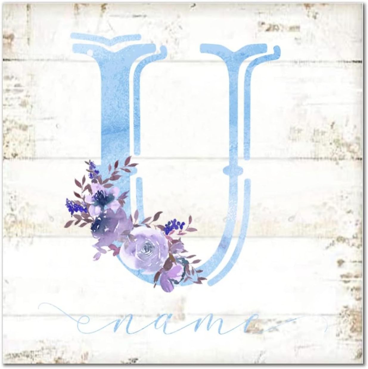 Monogram Letter U Wooden Sign Watercolor Blue Letter Purple Flower Plaque Name Initial Vintage Woodshop Garage Wall Decor For Home Room Office Garden Kitchen Housewarming Gift 16x16in