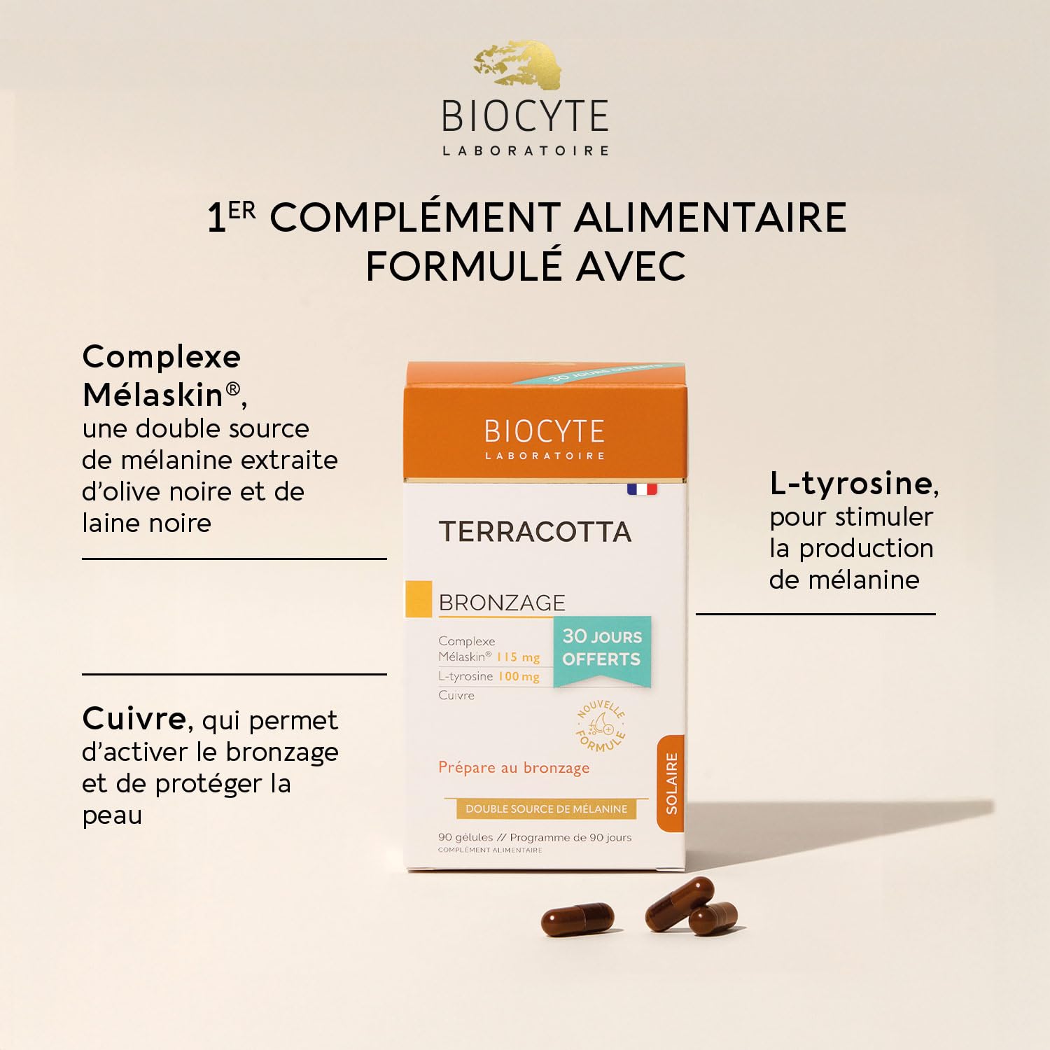 BIOCYTE Pack Terracotta Abbronzatura - Integratore alimentare abbronzante, preparatore solare - doppia fonte di melanina, L-tirosina, rame - programma di 90 giorni