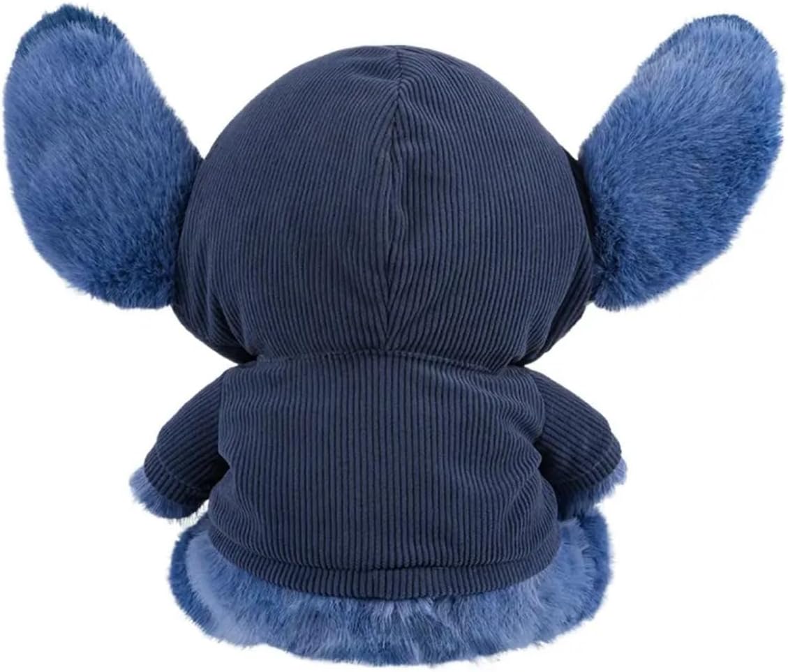 Rear view of the MINISO Disney Lilo & Stitch 14-inch Sitting Plush Toy in Hoodie Style, showing the back of the hoodie.