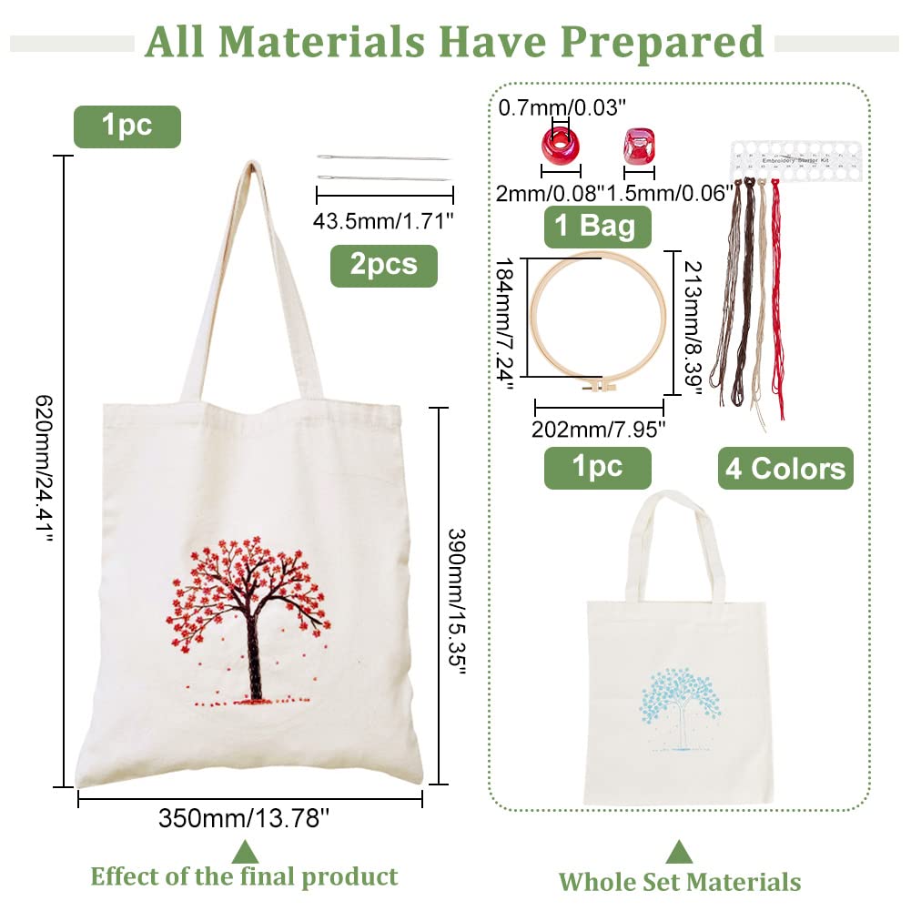 WADORN DIY Tote Canvas Bag Embroidery Kit with Tree Pattern, Tote Bag Needlepoint Starter Kit Personalized Canvas Bag Cross Stitch Kit with Instruction Handmade Bead Embroidery Handbag Sewing Project