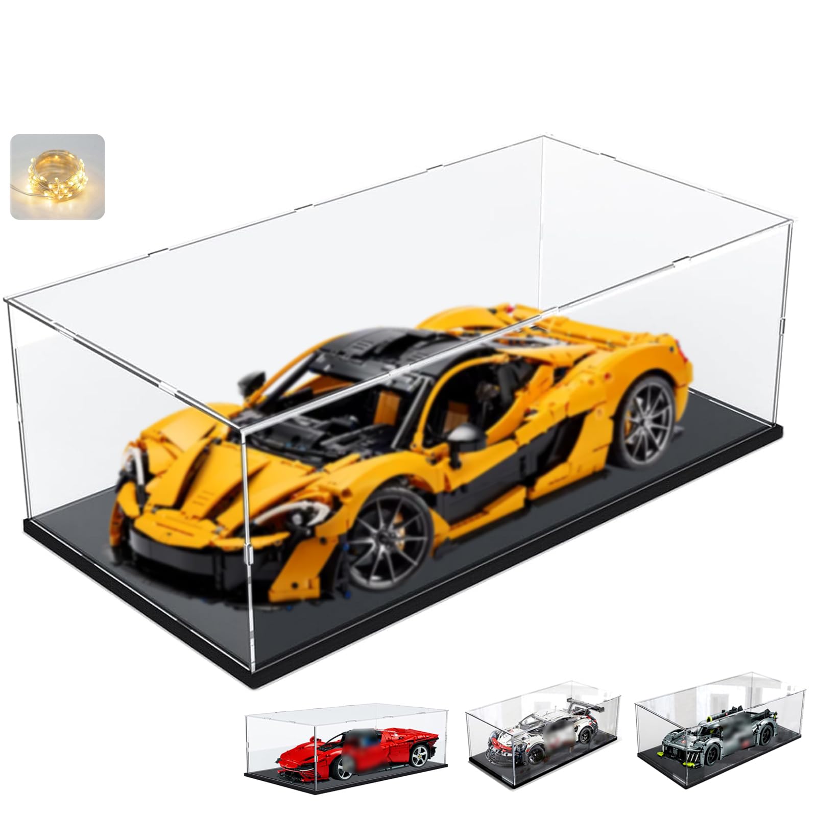 Acrylic Display Case for Lego 42172 McLaren P1 42143 42096 42156 42115 Car Collection, Thickened Transparent Box Plexiglass Showcases with Wood-Plastic Base & Light, Black Interior 60 x 30 x 20 cm