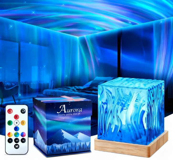 Aurora Borealis Night Light Projector 16 Colors Rotating Water Ripple Northern Lights with Remote Control Rechargeable Ocean Wave