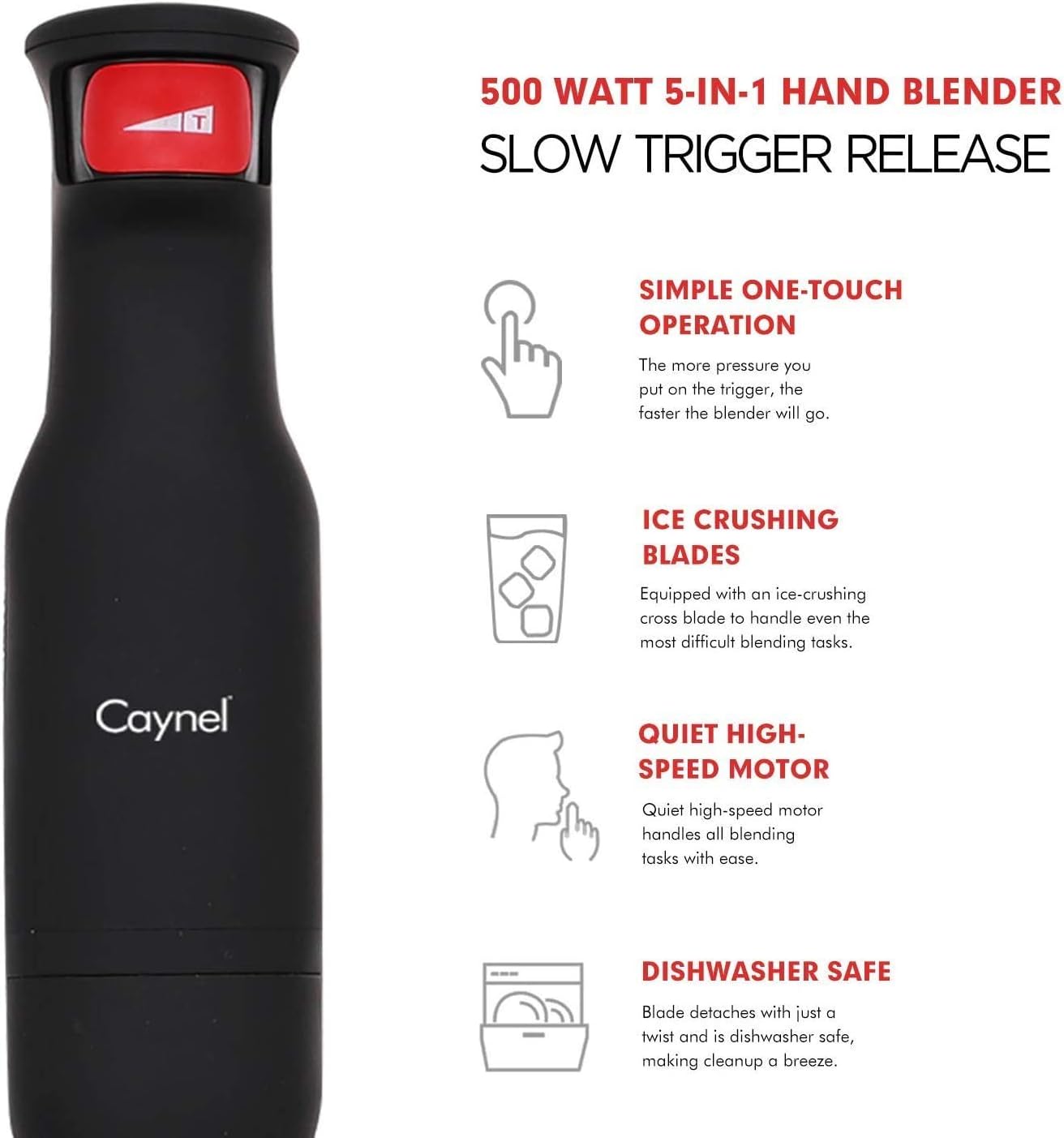 Caynel 500 Watt Immersion Hand Blender, 8 Variable Speeds Control with Turbo Setting, Ergonomic handle Multi-purpose Hand Mixer Pure Copper Motor Stainless Steel (5-in-1)