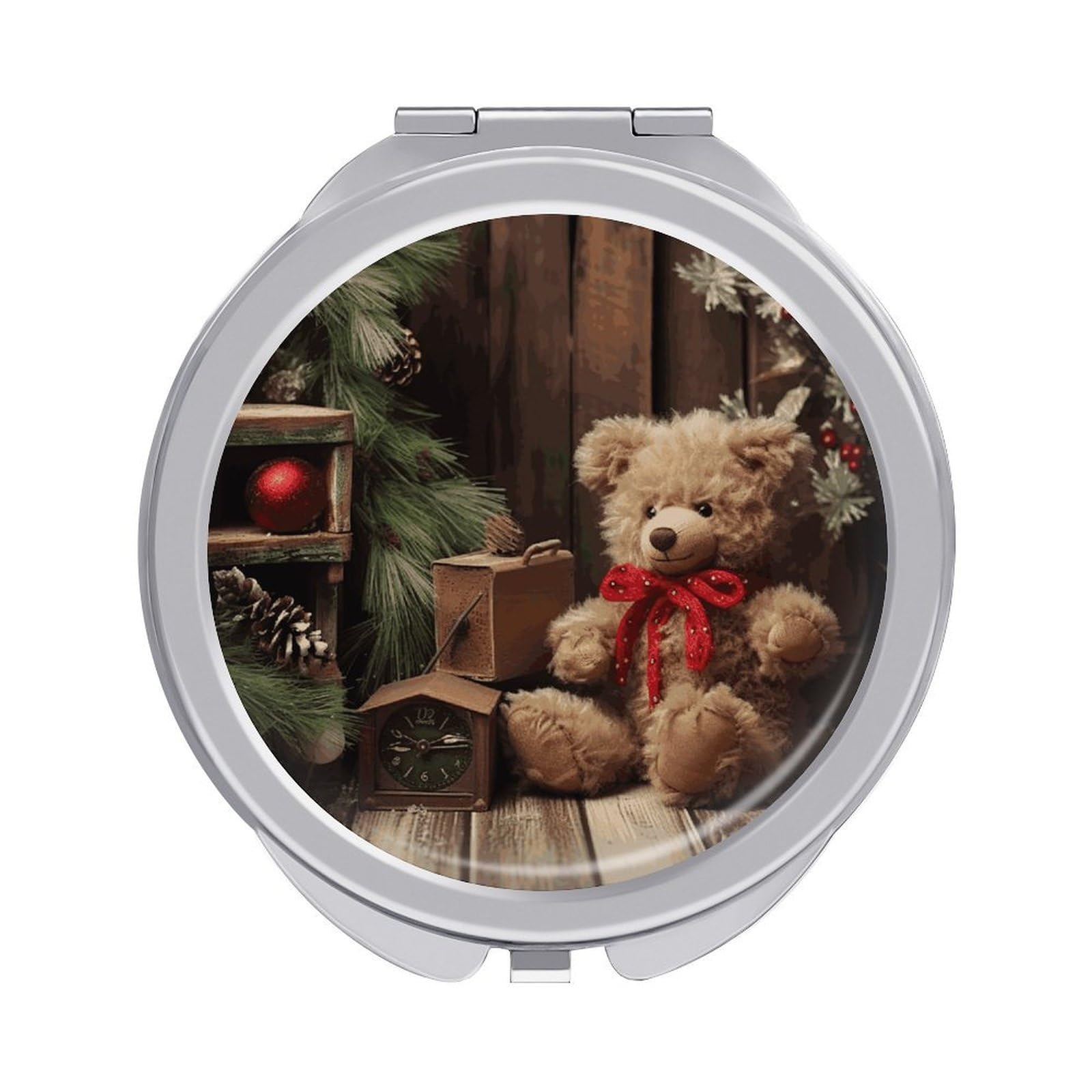 FekiLoot Xmas Tree Branch Bear Doll Travel Makeup Mirror 2 X /1 X Magnifying Slim Pocket Mirrors Compact for Purse Travel Makeup Mirrors for Pocket, Handbag, Purse Women Gift