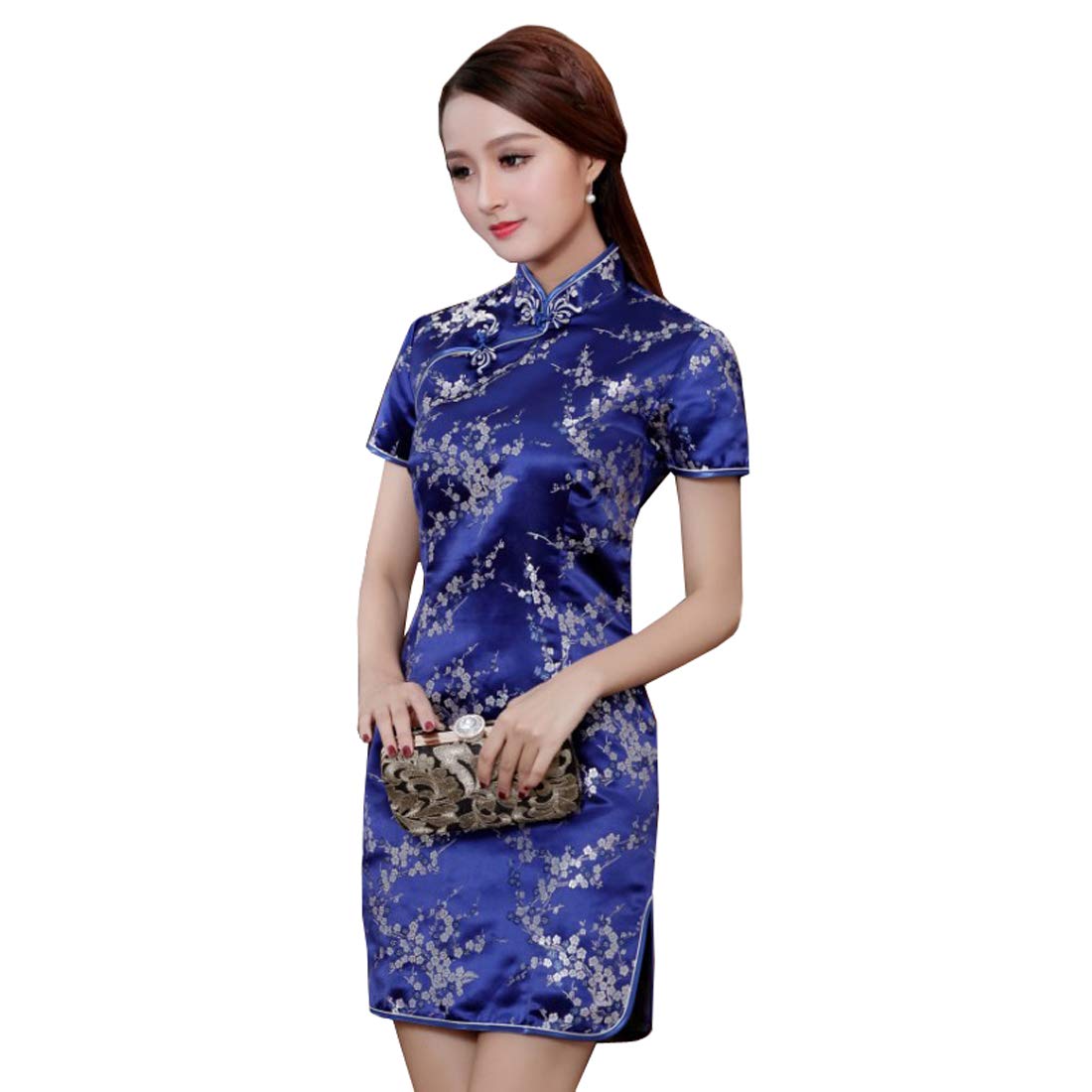 Xuexian Women's Blue Floral Flower Satin Brocade Qipao Cheongsam Short Sleeve Chinese Dresses Thigh Length (8, )