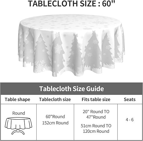 Miniatura 9 de Mantel redondo de tela redonda para decoración de mesa redonda de 20 a 47 pulgadas, diseño de copos de nieve y copos de nieve en blanco y negro
