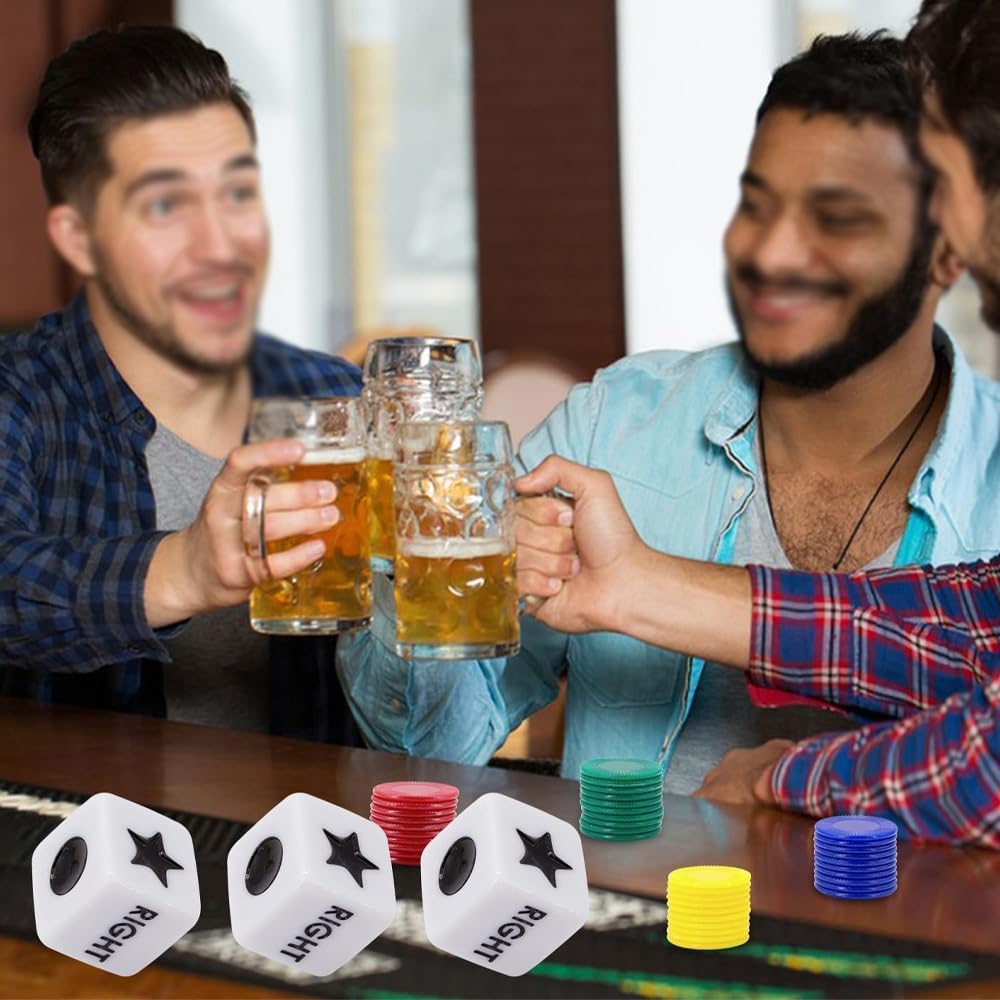 Sarini Gioco di dadi sinistra centro destra con 4 gettoni colorati, dadi a 3 stelle e istruzioni - Scatola di latta da 65 g, perfetta per feste, riunioni di famiglia e riunioni con gli amici