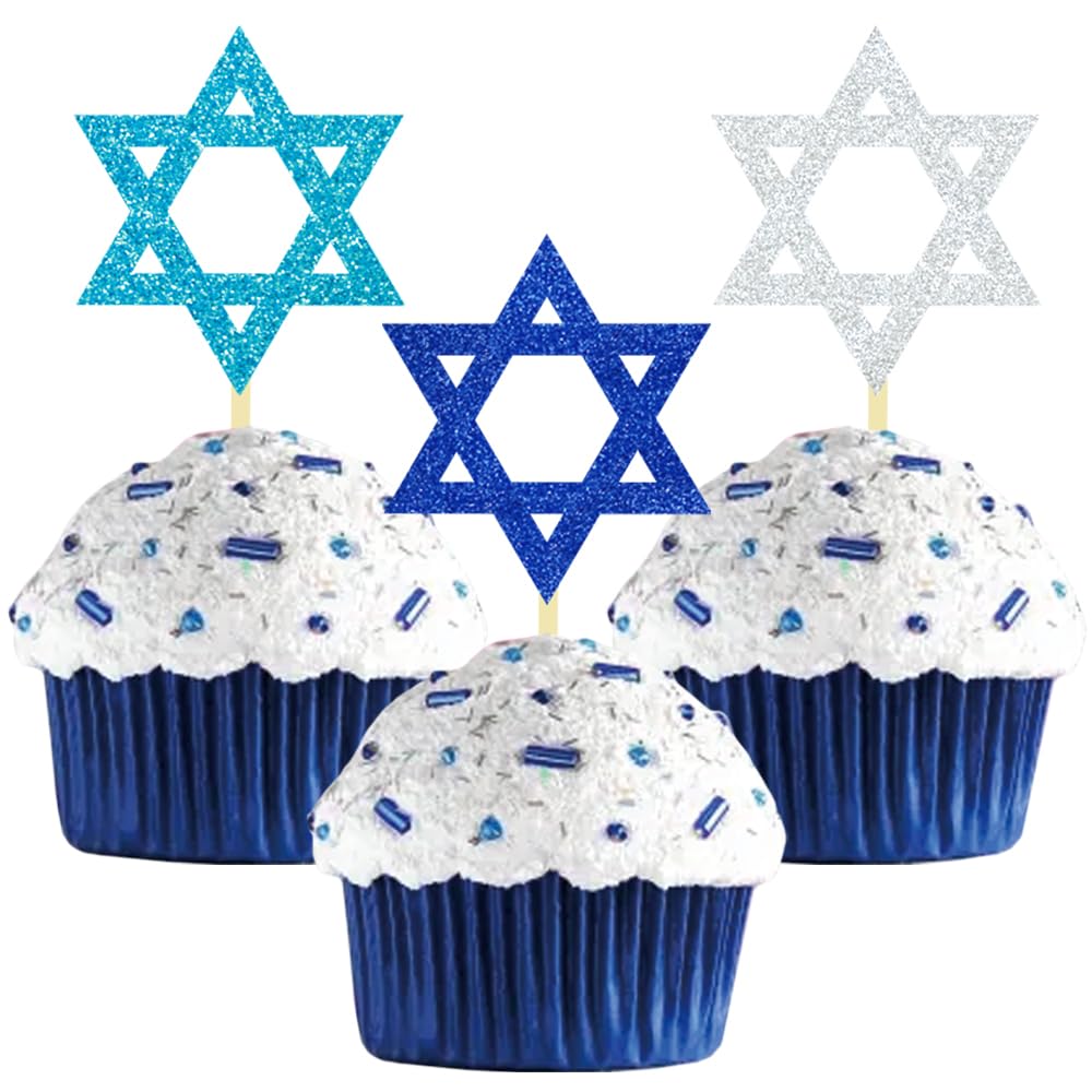 24Pcs Hanukkah Star of David Cupcake Toppers, Glitter Star of David Decorations for Hanukkah Theme Party Supplies(Star of David)
