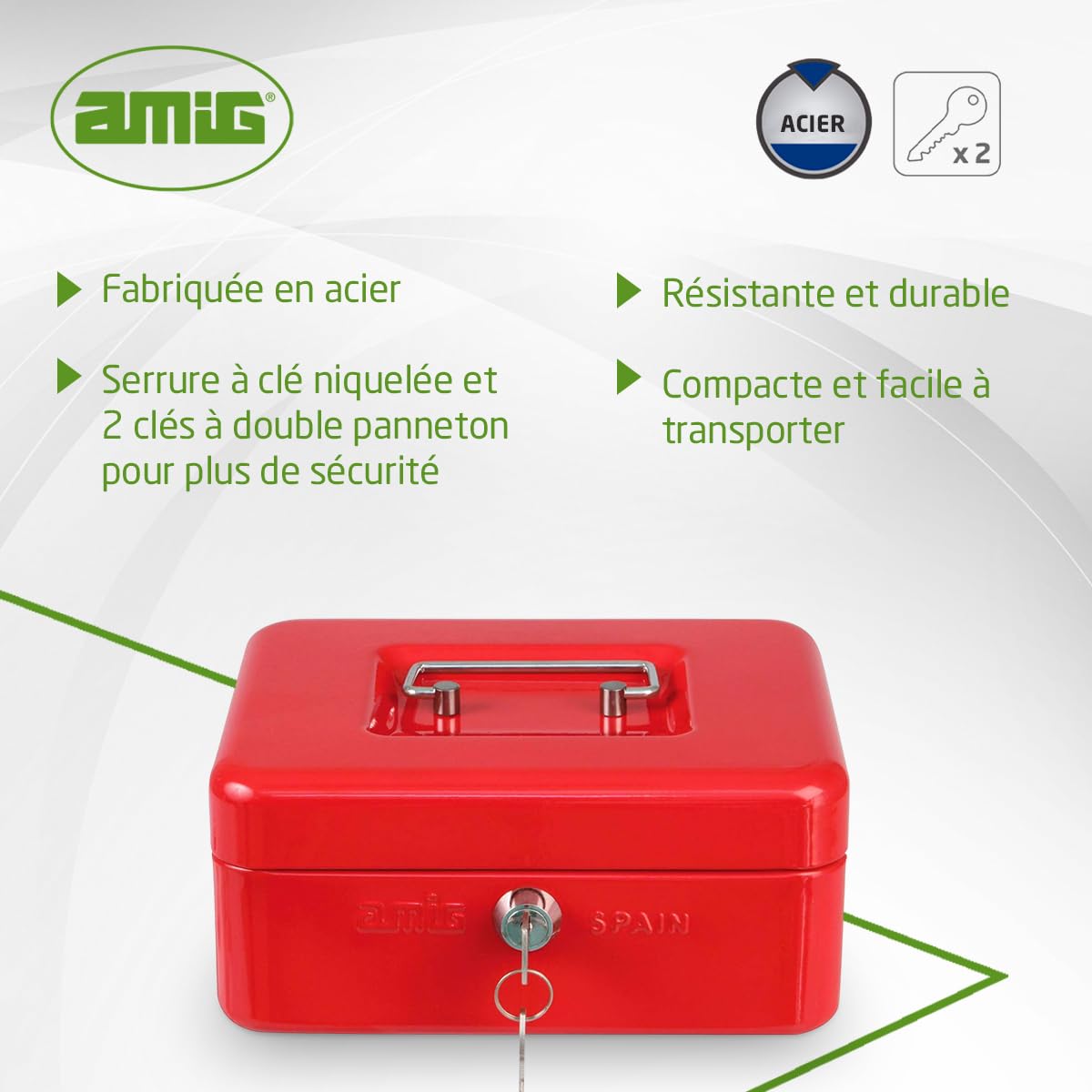 Amig Coffre-fort Acier Rouge 150 x 110 x 70 mm avec Plateau à monnaie et 2 clés