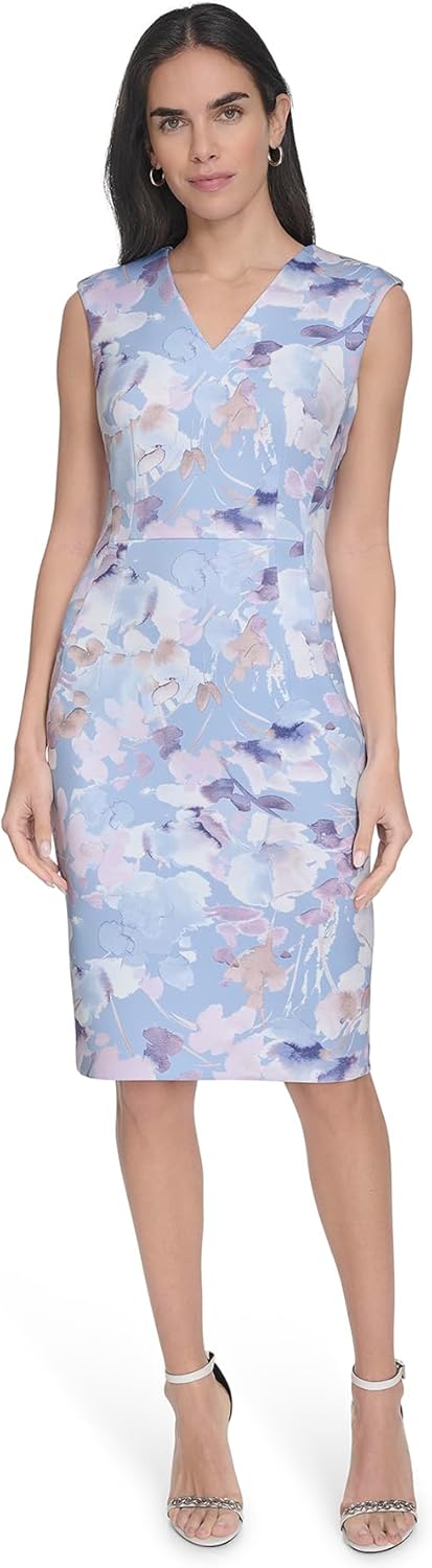 Calvin Klein Womens Sleeveless V-Neck Knee Length Crepe Sheath Dress - Image 2