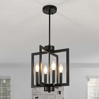 4-Light Black Farmhosue Chandelier For Entryway, Dining Room Chandelier Over Table, Modern Pendant Light Kitchen Island, Industrial Candle Lantern Light Fixture Kitchen, Bedroom, Stairway, Foyer