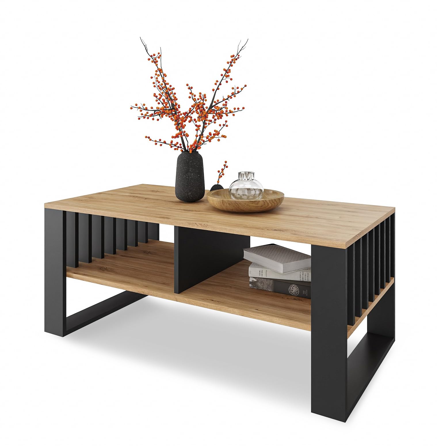 Meble Pitus - Mesa de Centro Moderna, con Espacio de Almacenamiento, 90 x 50 x 50 cm - Decoración Hogar - con Doble Estante Abierto - Muebles con Elementos laminares - Roble Eterno