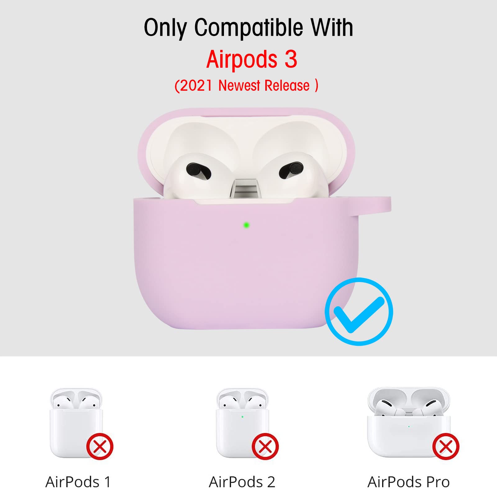 Funda de Silicona Compatible con AirPods 3, Anti-rasguños, Anti-Polvo, LED Frontal Visible, Funda Premium Silicona para AirPods 3.ª Generación (2021) con Mosquetón, Lavanda - 3