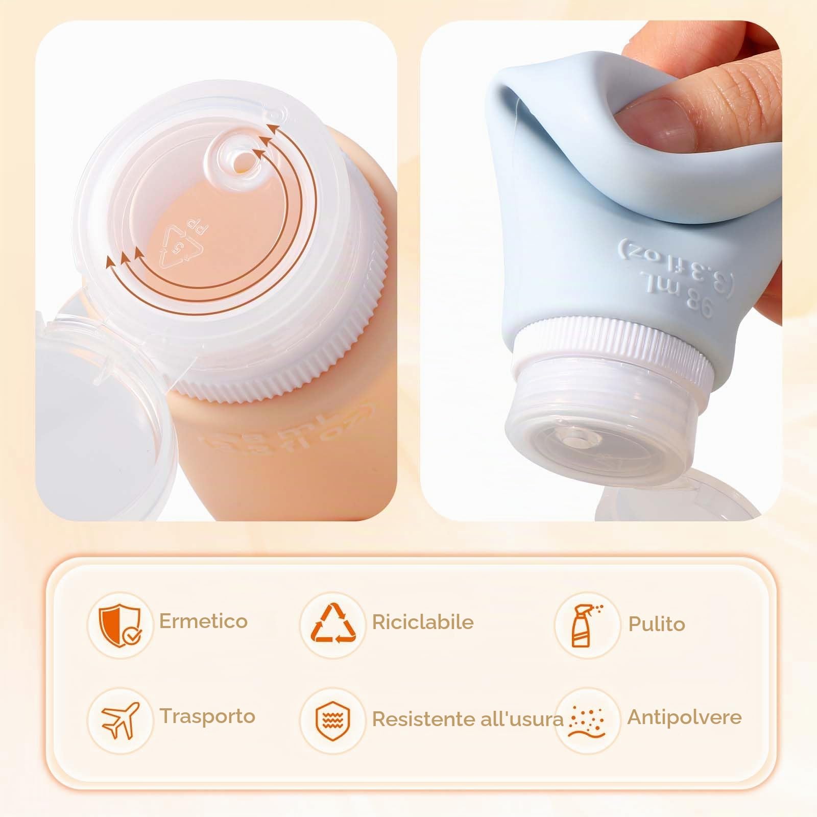 Diboniur Flaconi da Viaggio in Silicone, 4 Pezzi Boccette da Viaggio 98ml con con adesivi vuoti per Shampoo, Crema and Lozione