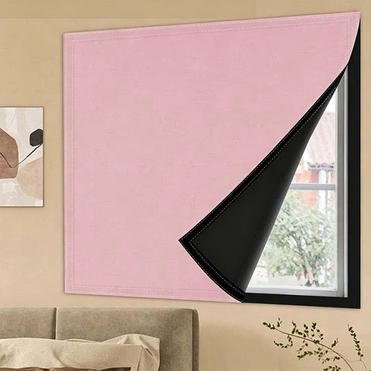 Blackout Curtains with All Around Self Adhesive, Summer Thermal Insulation Polyester Fabric Stick On No Drill Shades Portable Window Cover Blinds for Bedroom Nursery (60x90cm,Pink)