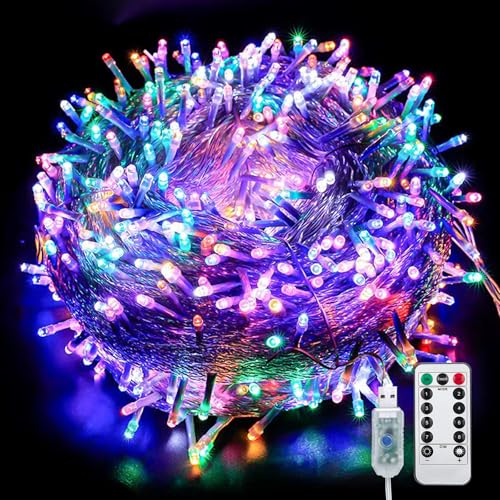 L LAMPOP Guirnalda de luces de petardo, 200 LED, luz estrellada, 8 modos USB con control remoto, impermeable, para interiores y exteriores, luces decorativas para camping, dormitorio, boda, fiesta