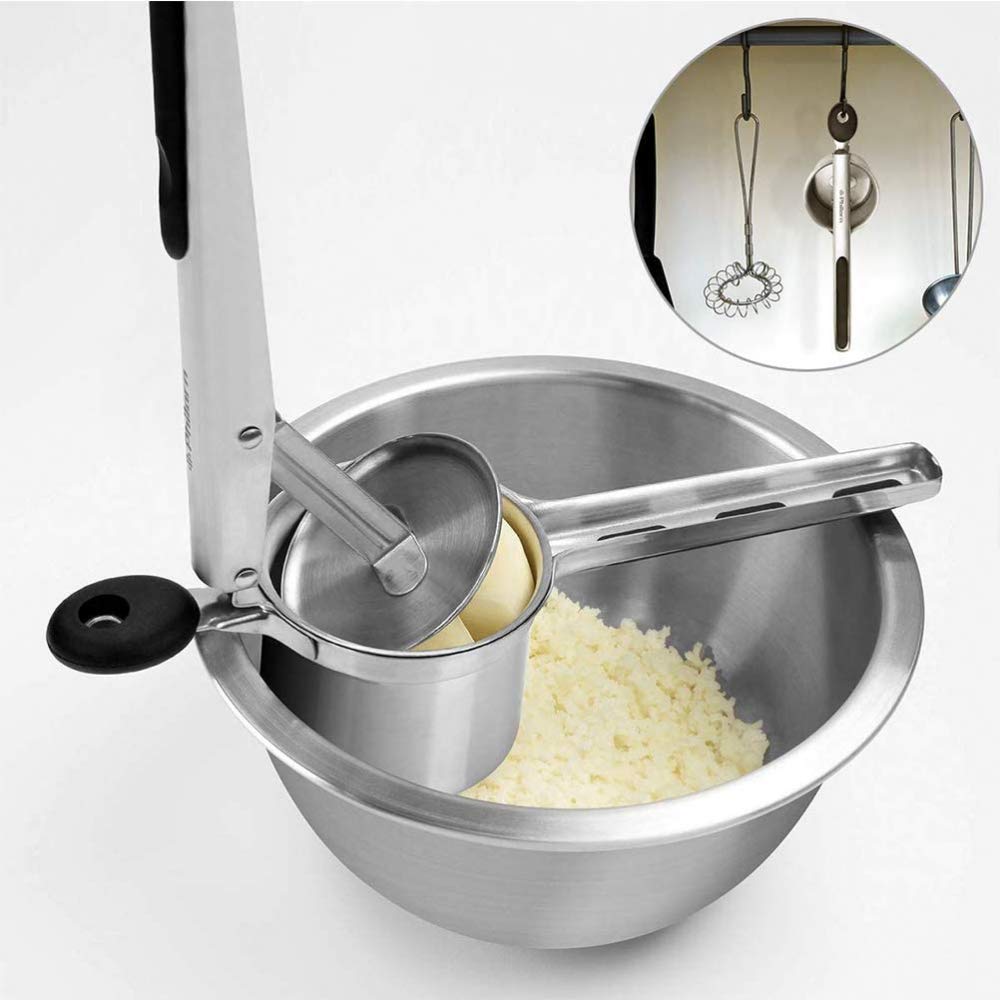 Edelstahl Potato Ricer Professioneller Kartoffelstampfer, Hochleistungs-Obstpresse für Babynahrung, Gemüse, Püree - Rutschfeste Silikongriffe, 3 austauschbare Siebe für Fein, Mittel, Grob, Silber