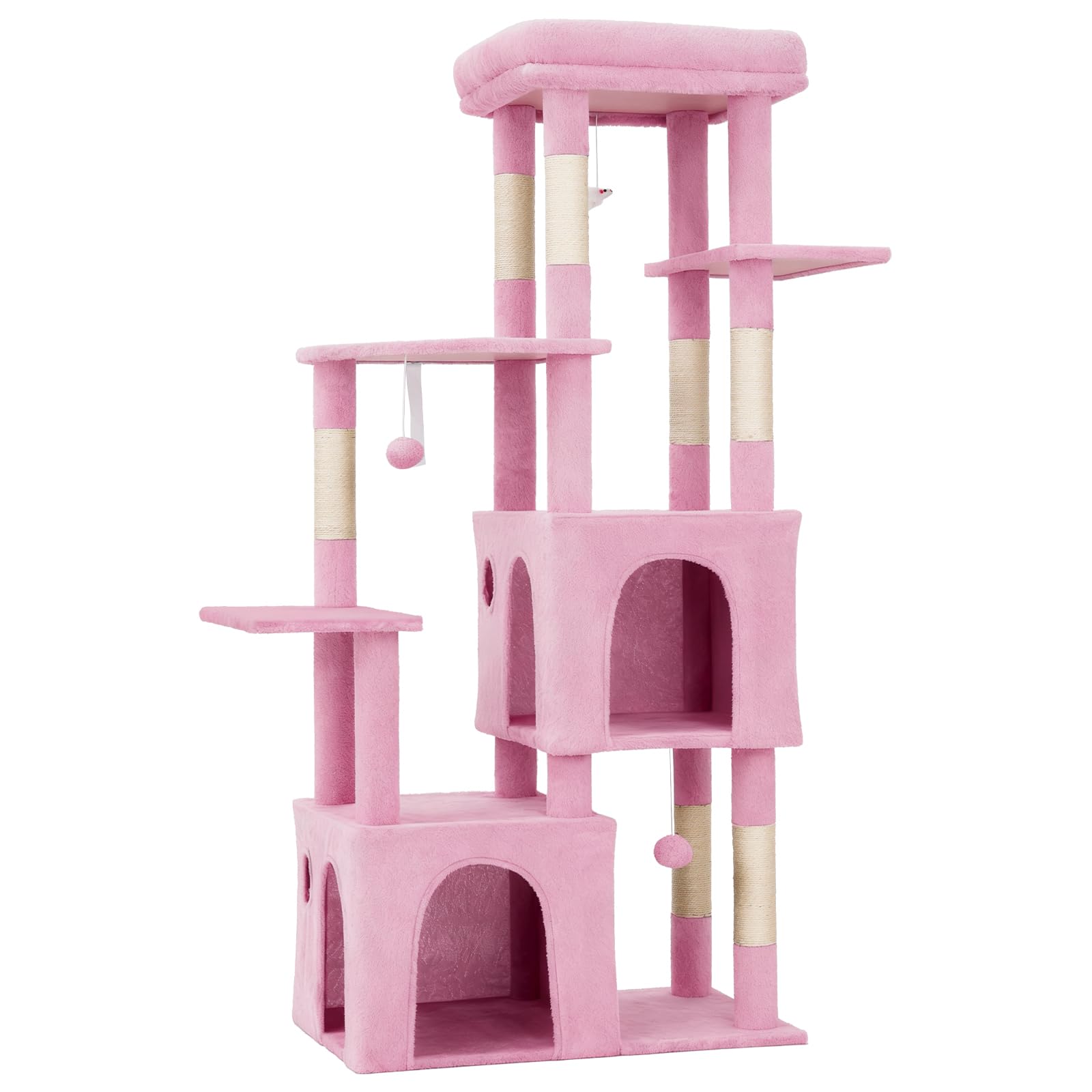 Garvee Arbre à Chat 157cm Stable pour Grands Chats et Maine Coon – Grand Plateforme, 2 Condos spacieux, poteaux à griffer en sisal Naturel, Jouets Suspendus, Multi-Niveaux pour Plusieurs Chats – Rose