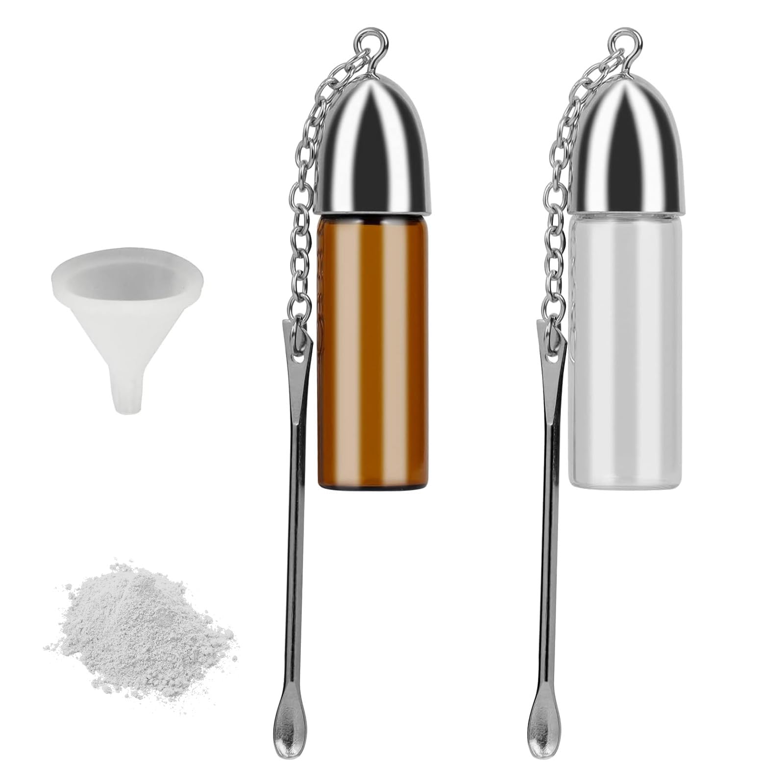 XoeLLe 2 Pack Small Storage Bottle, Snuff Spoon, Glass Portable Spice Container 57mm with Tiny Spoon and Small Funnel, Leak Proof for Outdoors Travel Camping