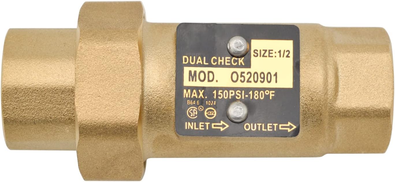 Brass Dual Check Valve, 1/2" FNPT, Solid Brass, Max 150PSI-180°F