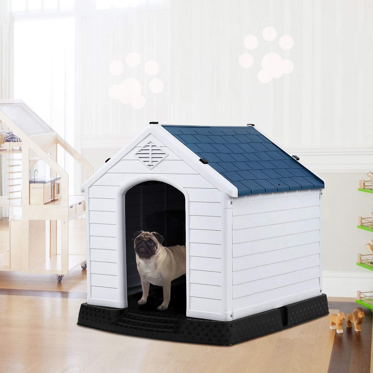 COSTWAY Niche pour Chien en Polypropylène Imperméable et Ventilé avec Bouche d’Aération et Plancher Surélever, Niche pour Chien Intérieure ou Extérieure (88X78,5X81,5 cm)