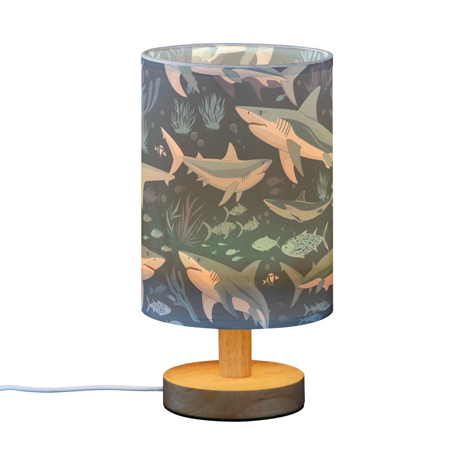 ALAZA Sharks - Lámpara de océano azul para niñas y niños, lámpara de mesita de noche con puerto USB, lámpara LED para mesita de noche para niños, base de madera, decoración de escritorio y sala de