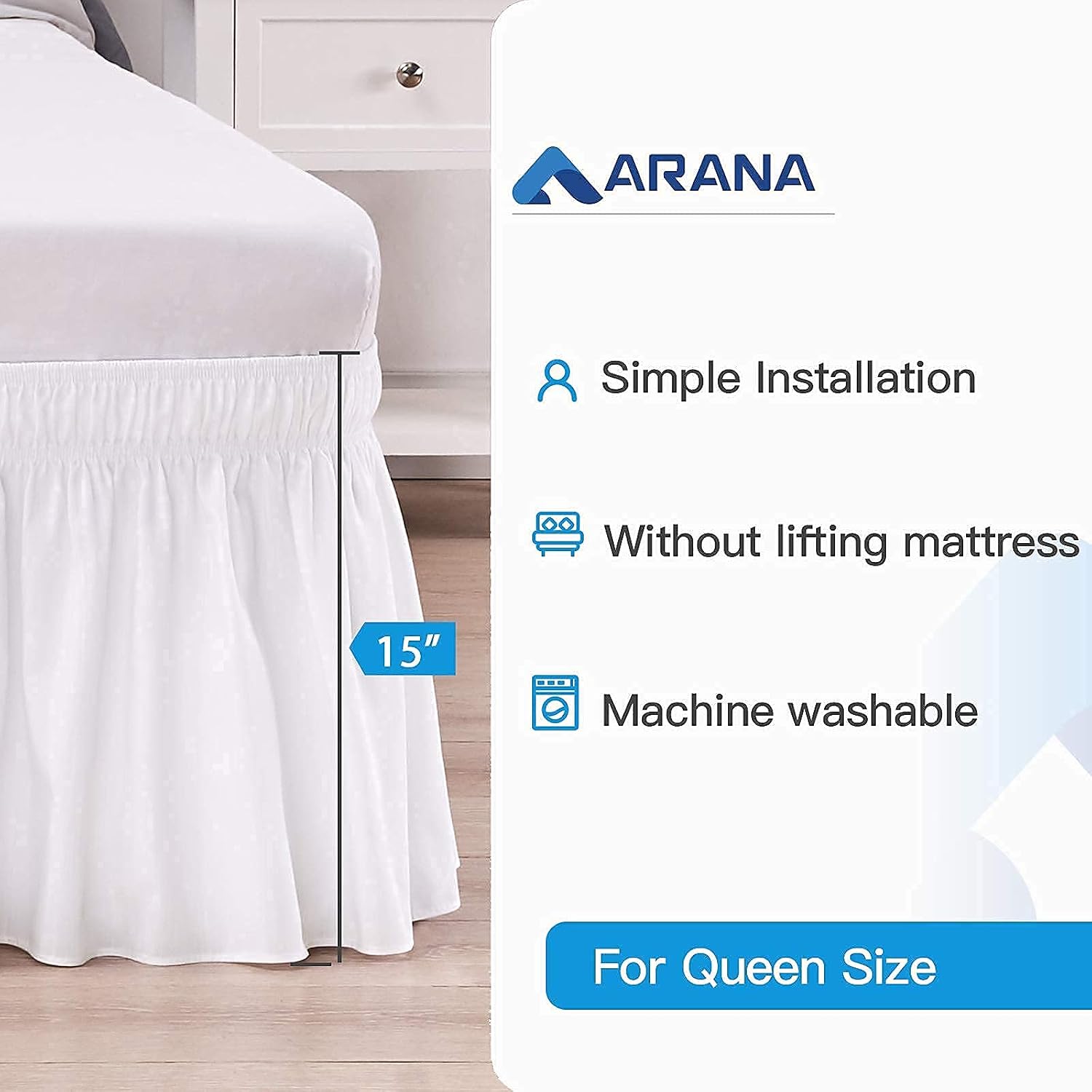 ARANA Bed Skirt White Queen Size,Wrap-Around Dust Ruffles, 15 inch Drop Bedskirts Elastic Easy-Install Wrinkle/Fade-Resistance