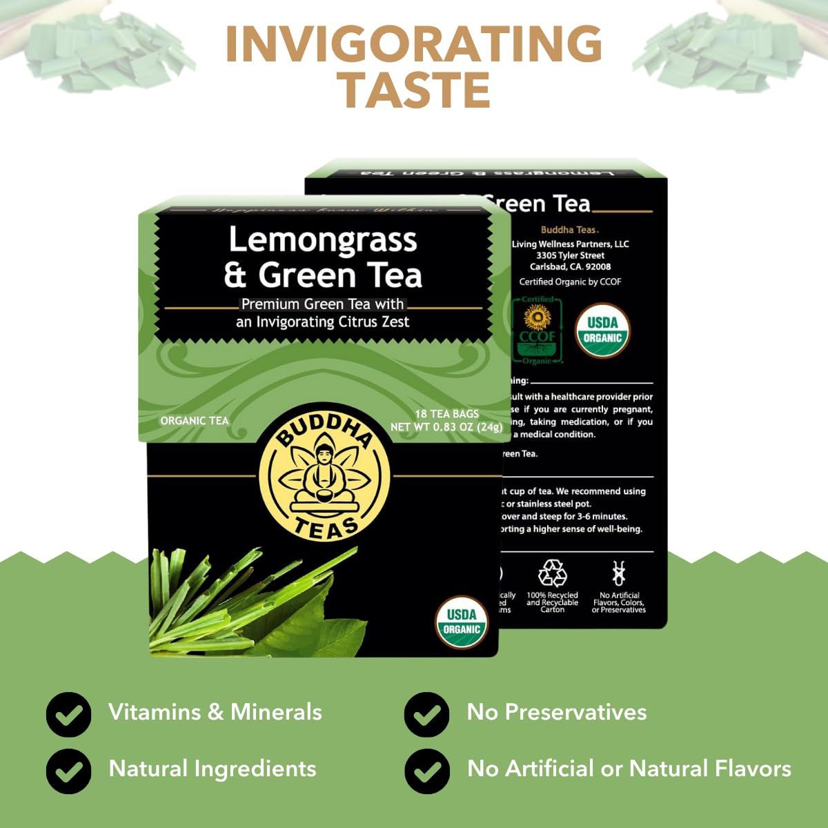 Buddha Teas Organic Lemongrass & Green Tea - Low Caffeine, No Microplastics image 3