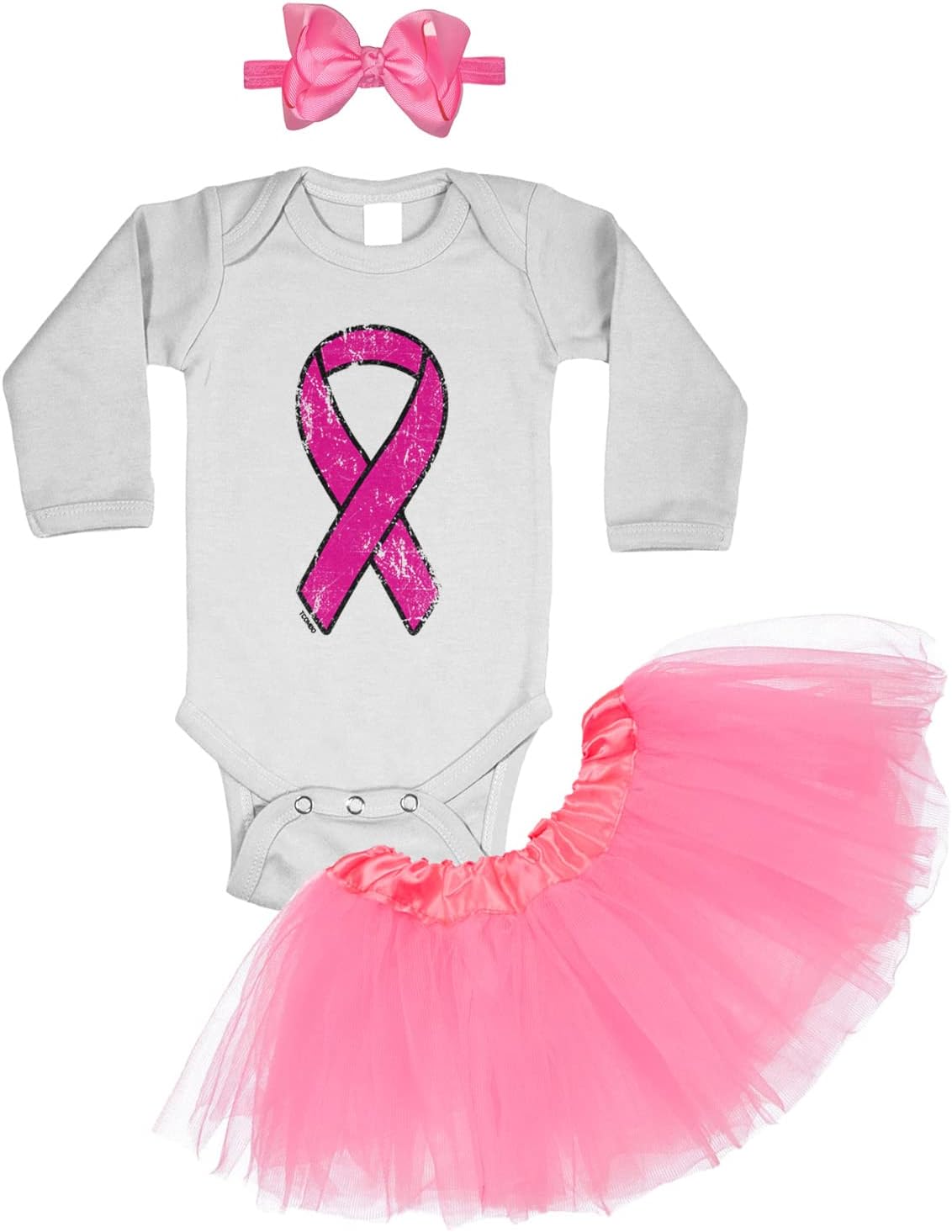 Tcombo Distressed Pink Breast Cancer Ribbon Baby Bodysuit + Tutu Skirt + Bow Headband Set