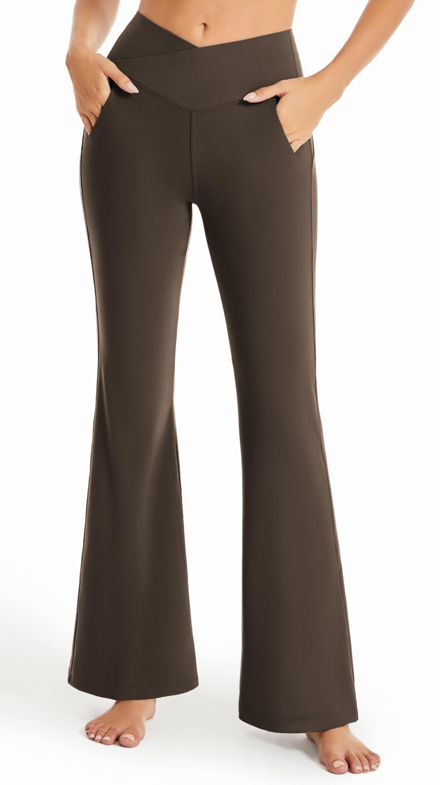 Maxbee Flare Leggings for Women with Pockets V Crossover High Waisted Yoga Pants Tummy Control Workout Wide Leg Bootcut Pants Brown
