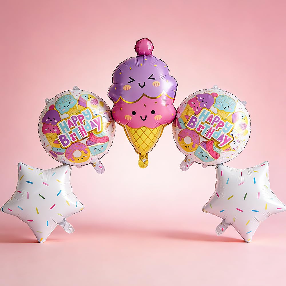 Birthday Balloons Reusable Self-Sealing - 5PCS Double Layer Ice Cream Foil Balloons for Party Decorations