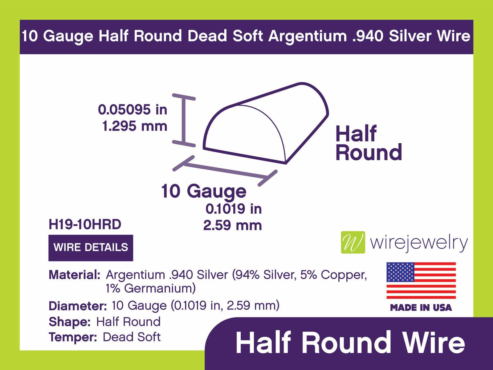 10 Gauge Half Round Dead Soft Argentium .940 Silver Wire - 25FT