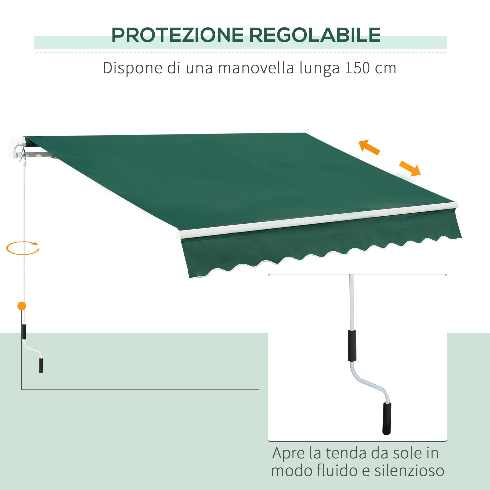 Outsunny Tenda da Sole 3x2 m con Braccio Avvolgibile, Tenda Parasole da Esterno a Manovella in Alluminio e Tessuto Poliestere, Protezione UV, Verde
