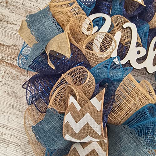 Front Door Welcome Wreaths - Mothers Day Gift - Burlap Everyday Year Round Outdoor Decor - Black Jute White - M5 (Welcome, Denim/Navy/Jute) #TOP4