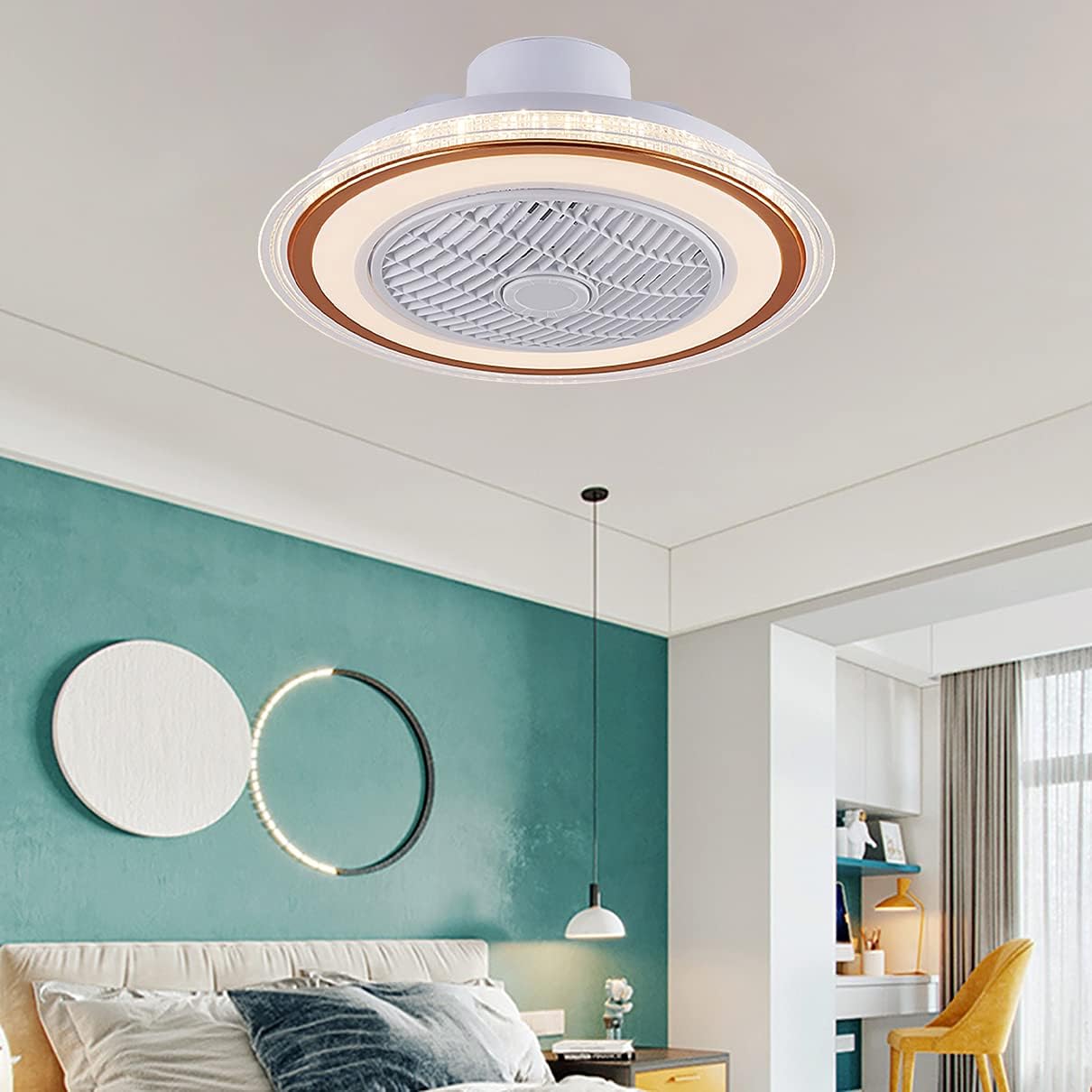 YUEGOO Ceiling Fans with Lamps,Remote Control Silent 3 Speeds Bedroom Dimmable Fan Ceiling Light with Timer 80W Modern Living Room Quiet Ceiling Fan Light/D