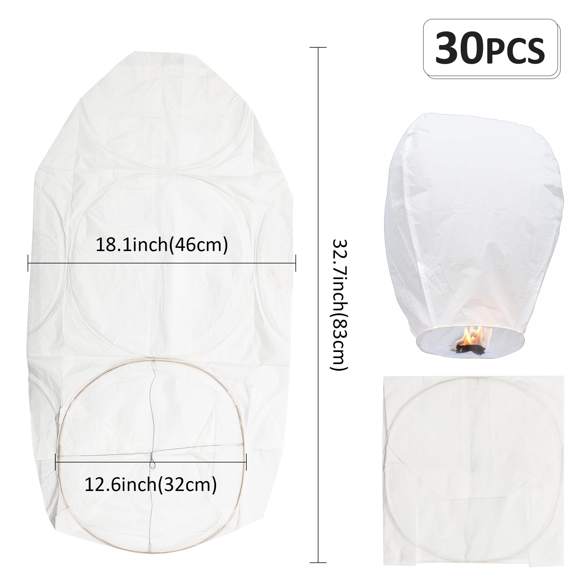 Lot de 30 lanternes célestes chinoises, Lanternes à relâcher en mémoire, Lanternes célestes flottantes blanches pour voler à l'extérieur, Décoration de fête
