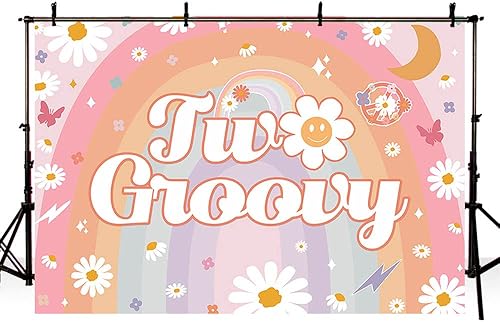 Miniatura 4 de Fondo de fotografía de 2.º cumpleaños de 7 x 5 pies para niña, bohemio, arco iris, hippie, paz, amor, flores de los años 70, decoración de fiesta,